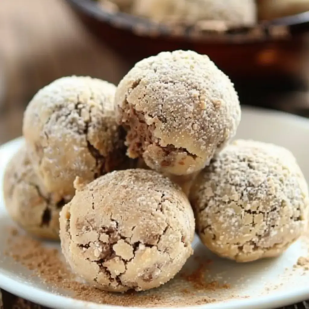 Des boules sucrées saupoudrées de sucre, portant une texture craquelée, sont présentées sur une assiette.