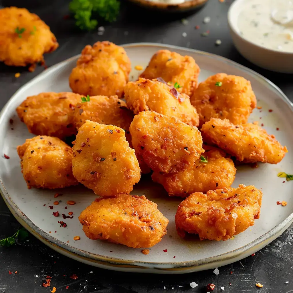 Une assiette de nuggets dorés et croustillants, garnis de piments et de persil, avec une sauce blanche en arrière-plan.