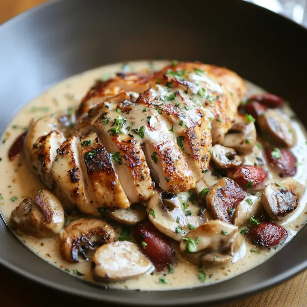 Poulet grillé tranché servi avec une sauce crémeuse et des champignons dans une assiette.