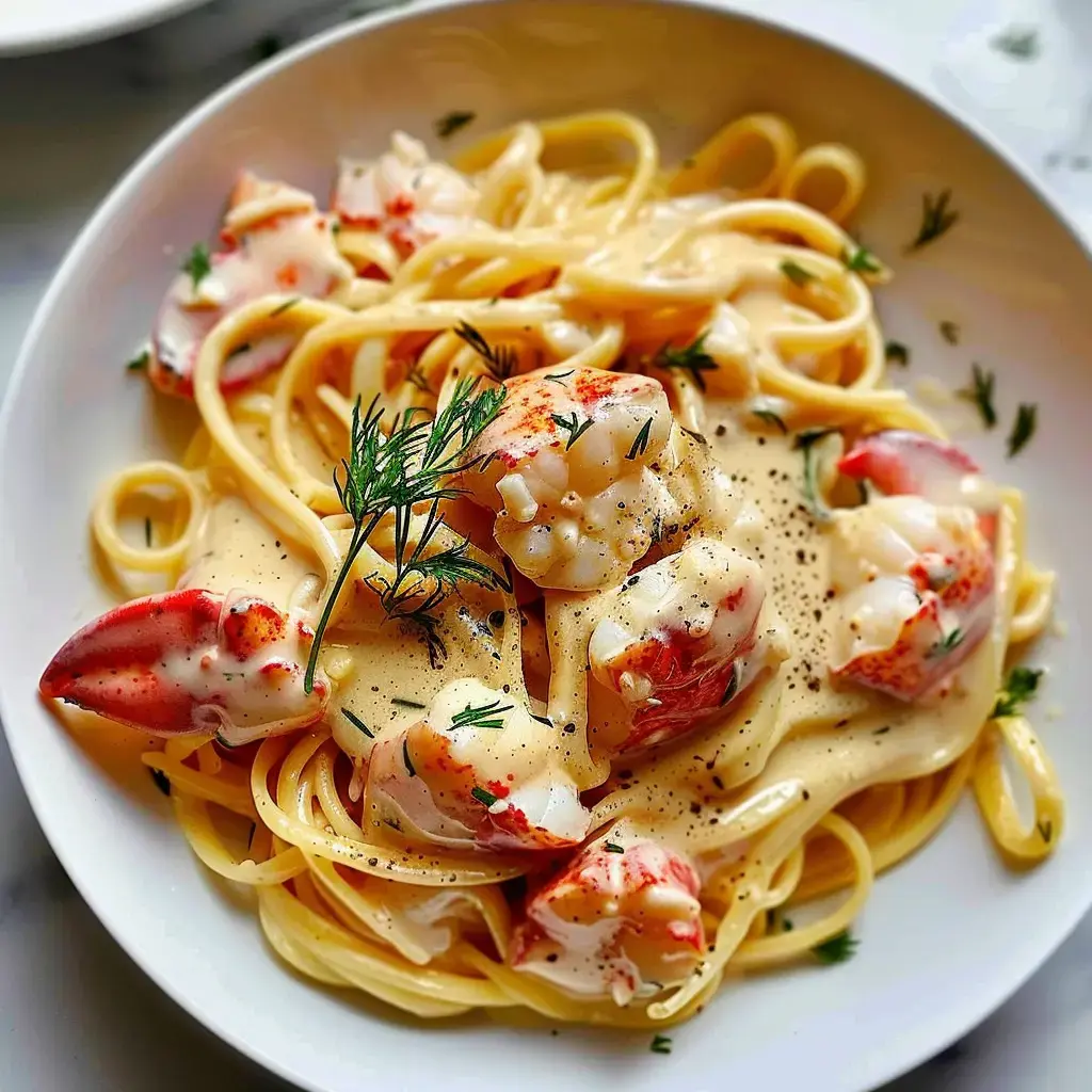 Pâtes linguine à la sauce crémeuse avec des morceaux de homard, garnies d'aneth frais.