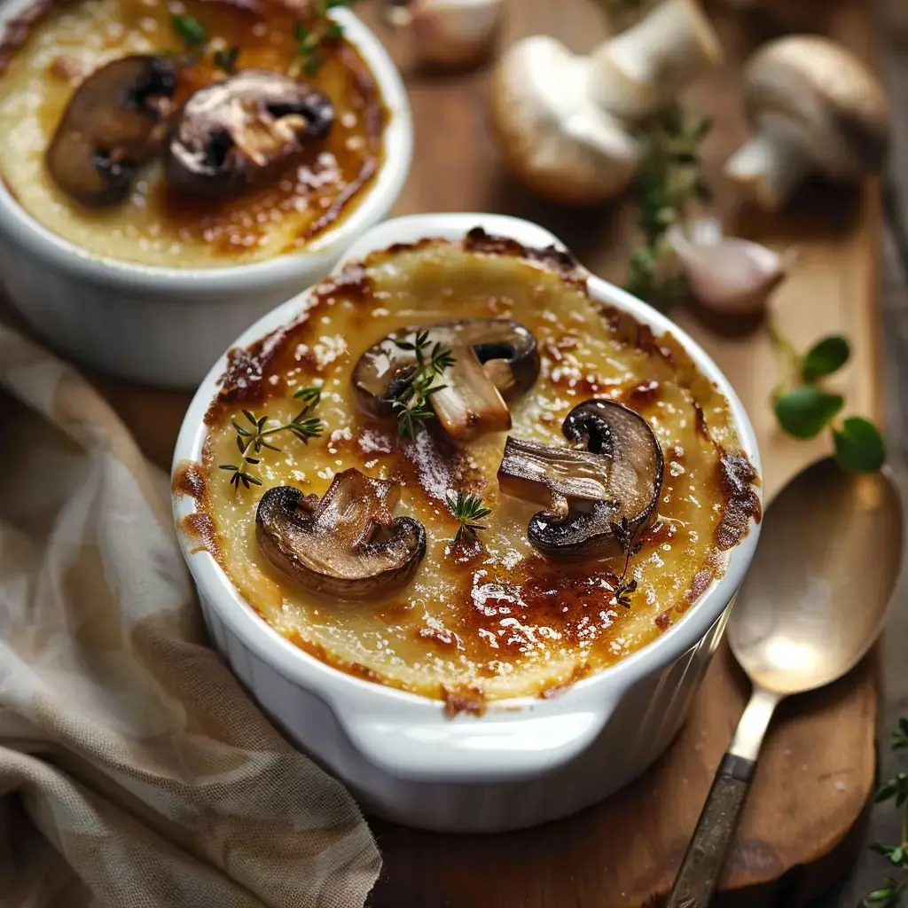 Deux plats en céramique contenant un gratin doré avec des champignons, accompagnés d'herbes fraîches, sur une planche en bois.