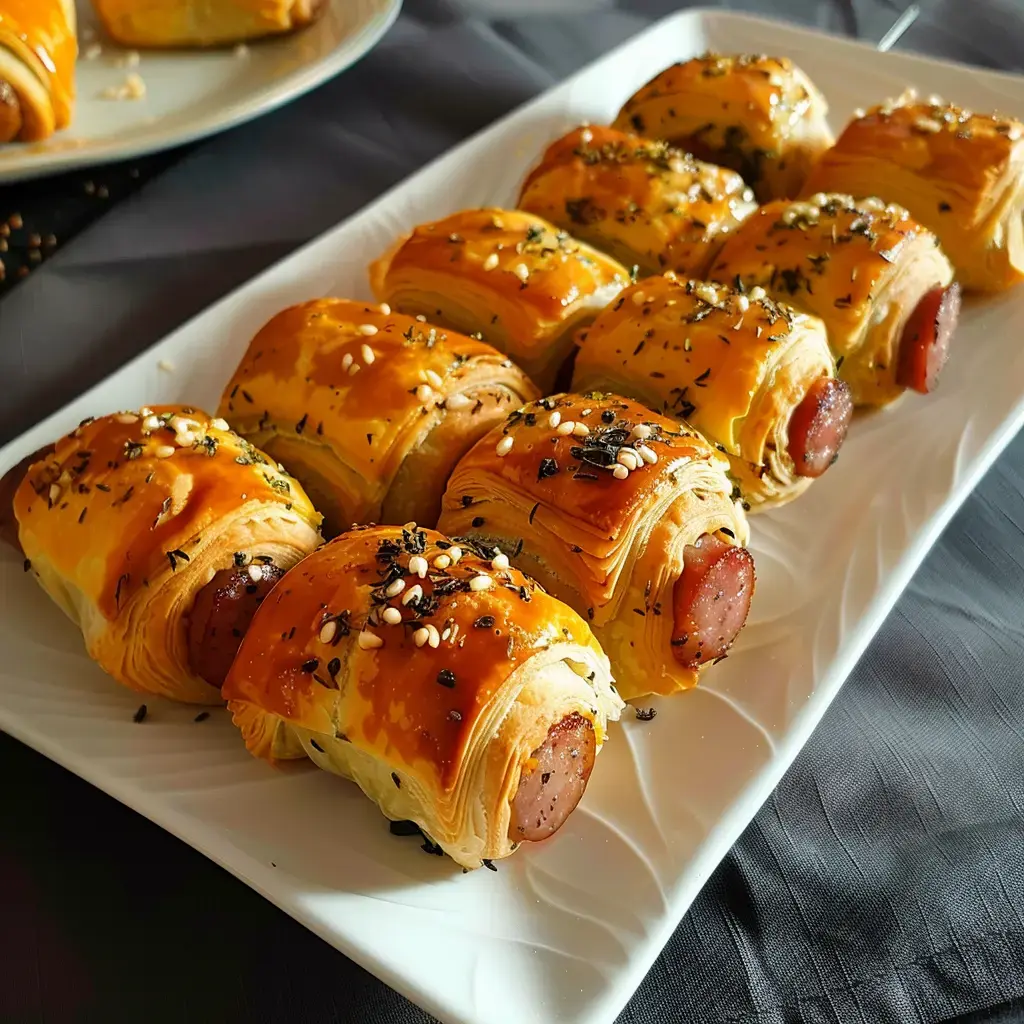 Des rouleaux feuilletés dorés, farcis de saucisse et garnis de graines et d'herbes, présentés sur une assiette blanche.