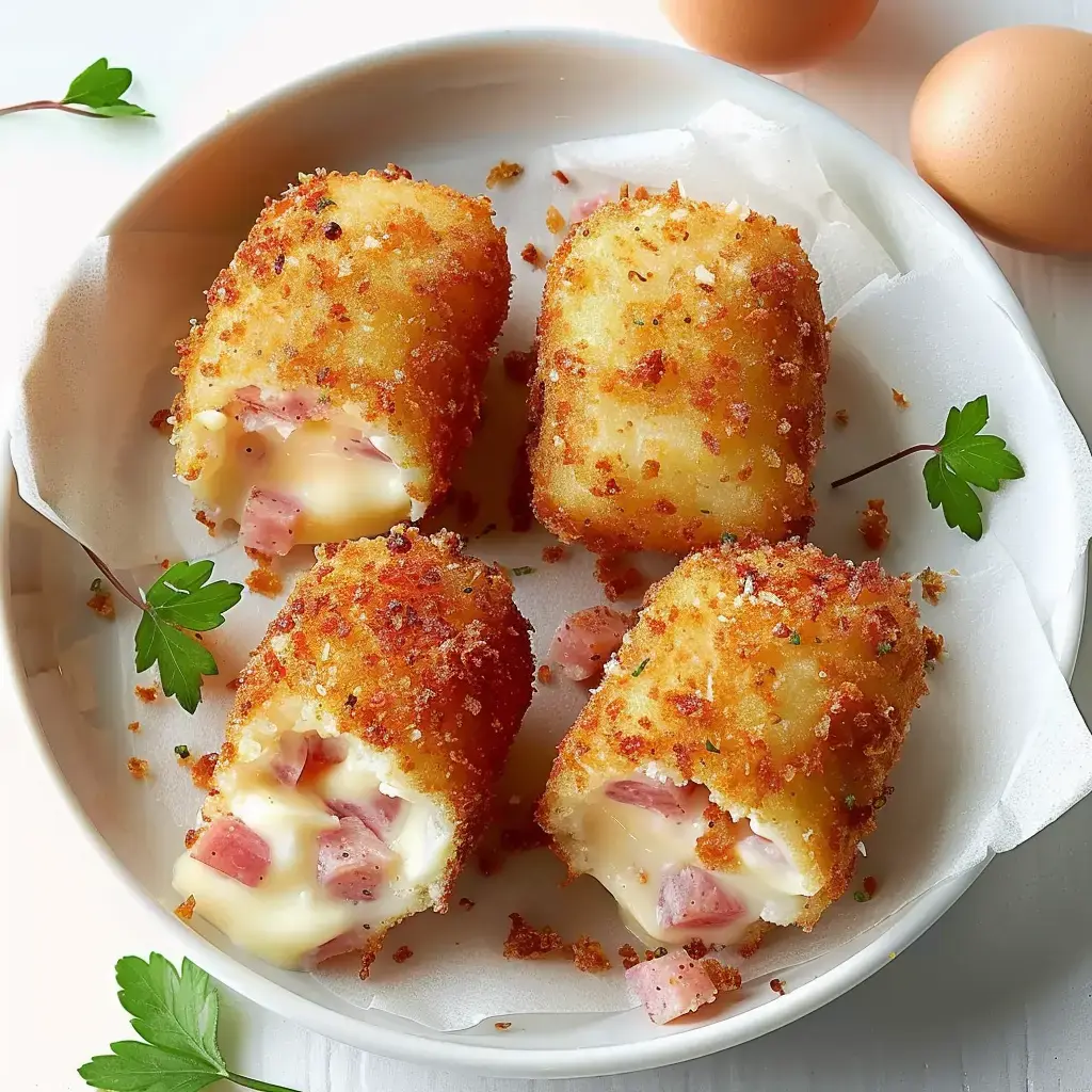 Quatre croquettes dorées farcies au jambon et au fromage, sur une assiette avec des œufs et du persil en garniture.