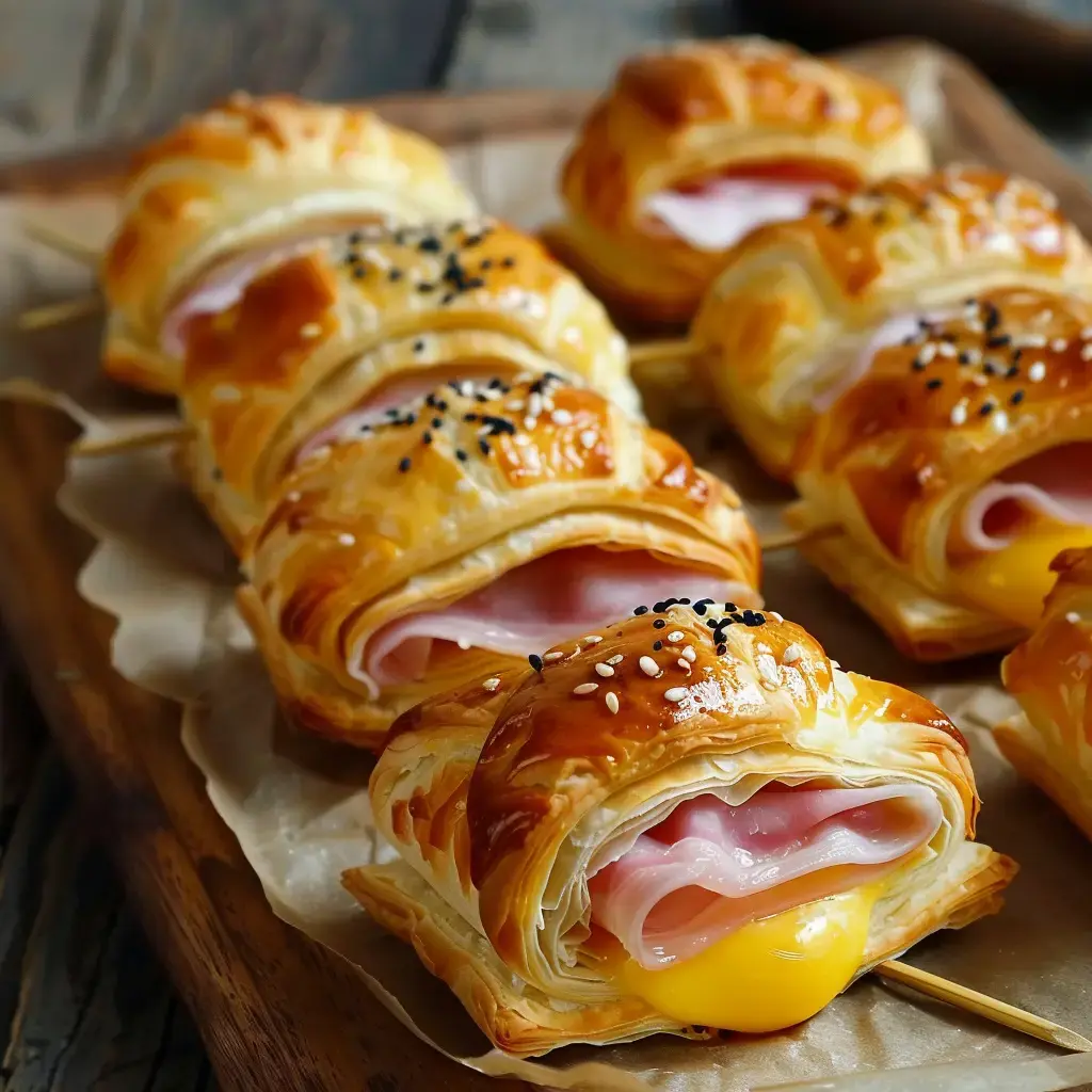 Des feuilletés enroulés contenant du jambon et un jaune d'œuf, garnis de graines noires, présentés sur un plateau en bois.