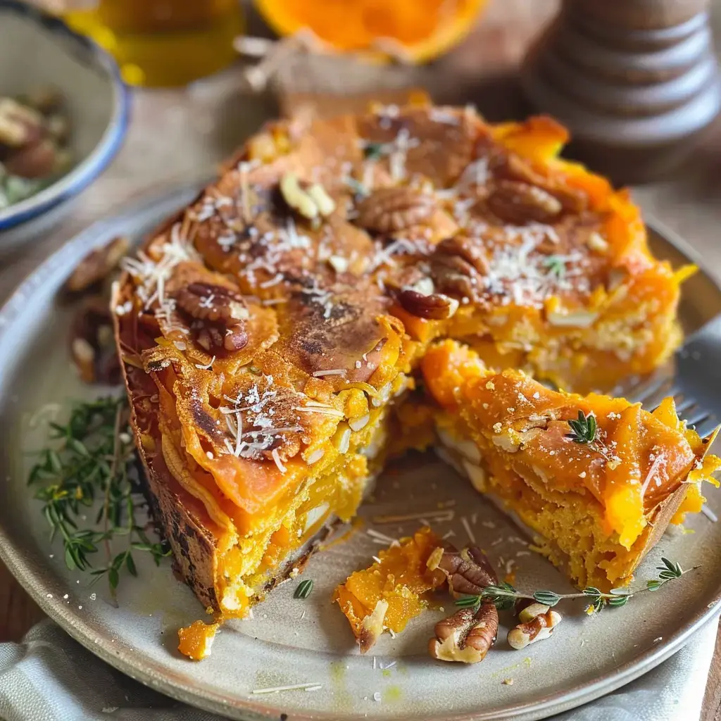 Un plat de gâteau de courge, décoré de noix de pécan et de copeaux de noix de coco, avec une part coupée montrant la texture à l'intérieur.