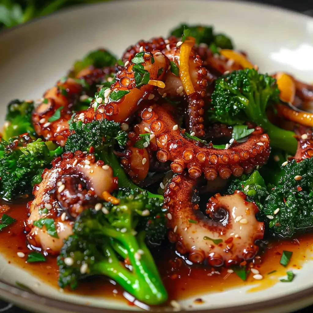 Un plat gastronomique d'octopus rôti accompagné de brocoli, garni de sauce et de sésame.