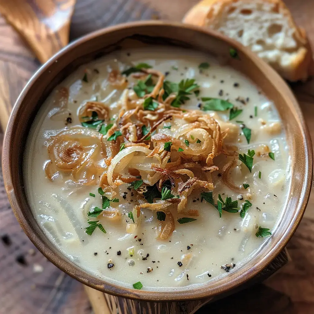 Bol de soupe crémeuse garni d'oignons frits et de persil, accompagné d'une tranche de pain.