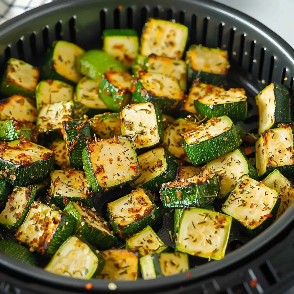 Des morceaux de courgette rôtis, dorés et assaisonnés dans un panier de cuisson.