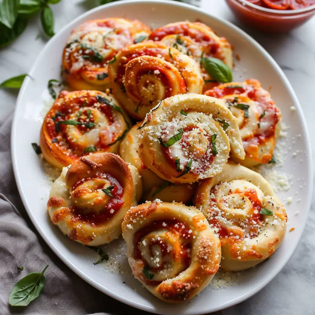 Des roulés de pâte garnis de sauce tomate, fromage et basilic, servis sur un plat blanc.