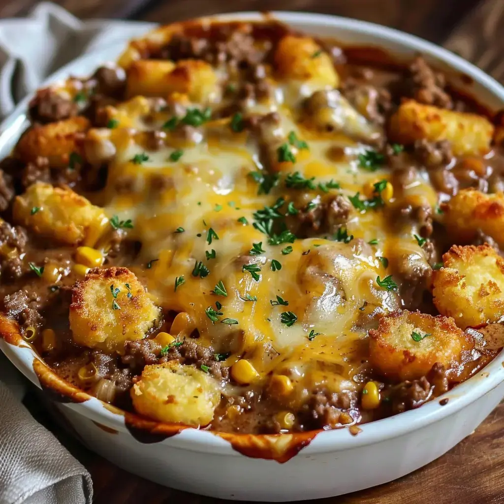 Un plat de viande hachée et de maïs, recouvert de fromage fondu et de petites pommes de terre dorées, décoré de persil.