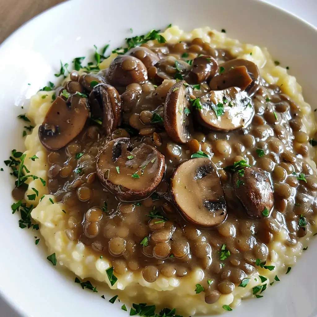 Un plat de lentilles accompagné de champignons et servit sur un lit de purée crémeuse, garni de persil frais.