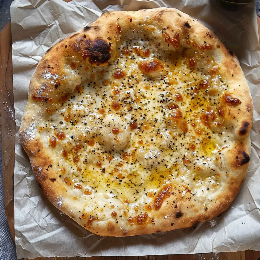 Une grande galette de pain plat doré, garnie d'huile d'olive et d'épices, est posée sur du papier parchemin.