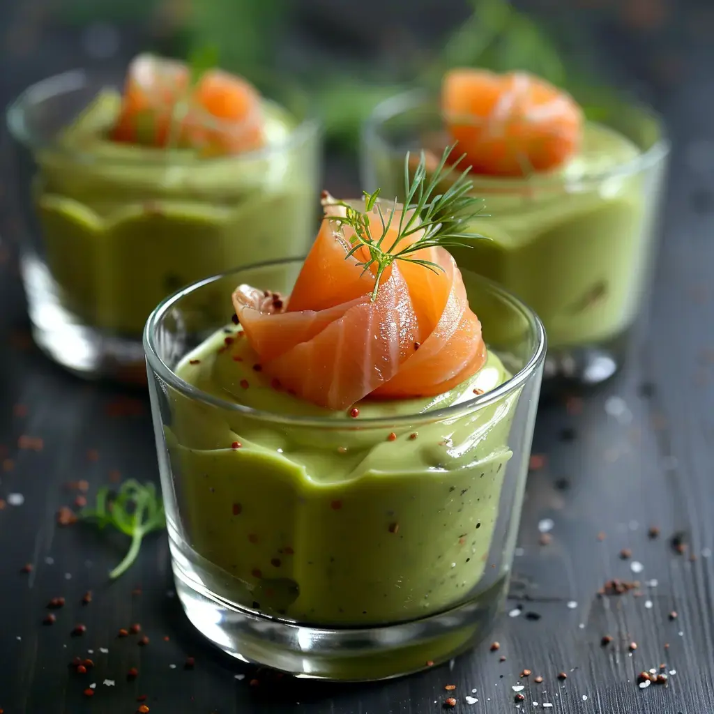 Trois verrines de mousse verte à l'avocat garnies de saumon fumé et décorées de brins d'aneth.