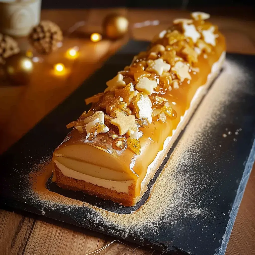 Un gâteau en forme de bûche décoré de morceaux de caramel, de confiture et d'étoiles en sucre, présenté sur un plateau noir.