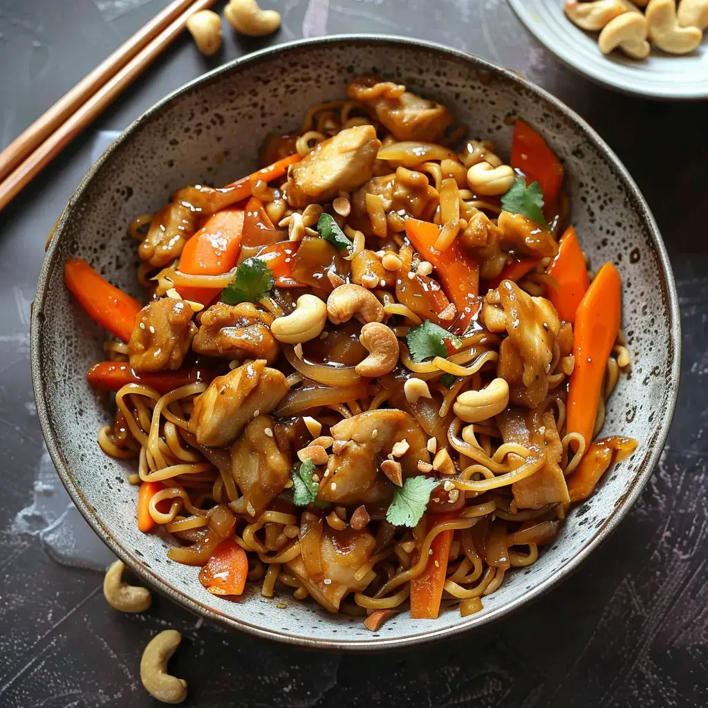 Un bol de nouilles sautées au poulet et légumes, garni de cacahuètes et de coriandre.