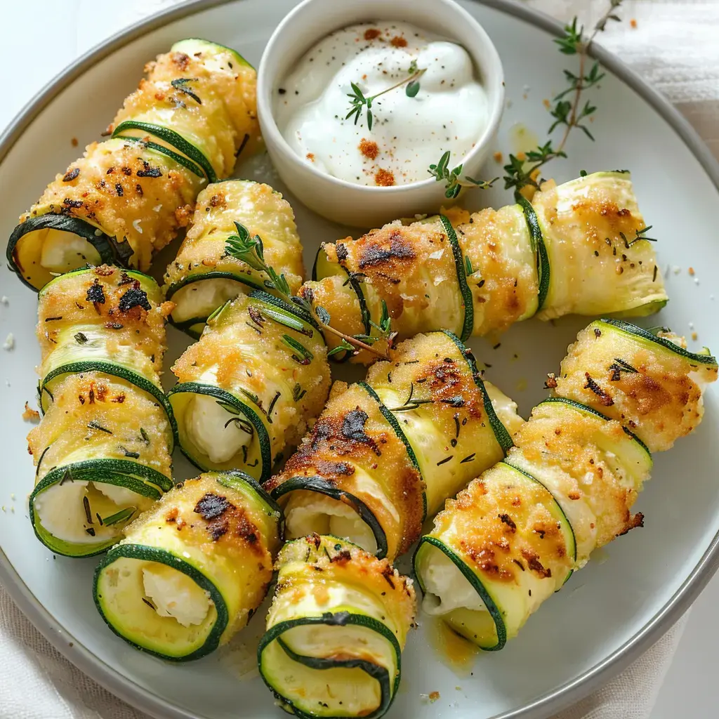 Des rouleaux de courgettes farcis, panés et dorés, accompagnés d'une sauce blanche et garnis de thym.