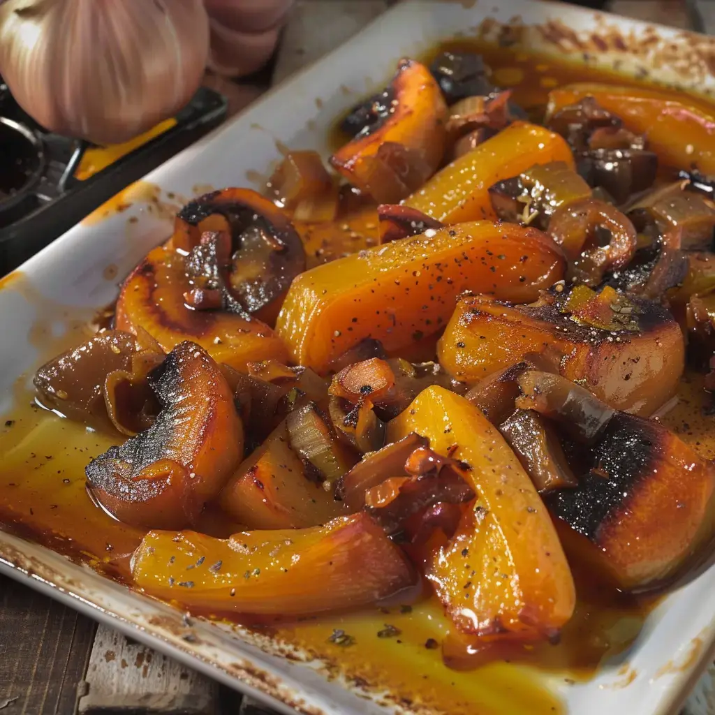 Des légumes rôtis colorés, notamment des morceaux de potiron et d'oignon, sont présentés dans une assiette avec une sauce brillante.