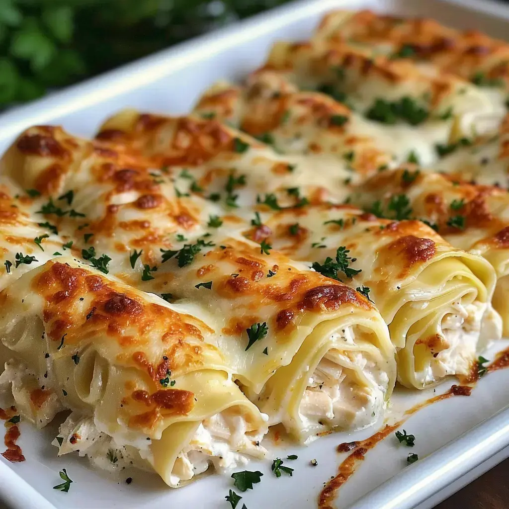 Des lasagnes au poulet, garnies de fromage gratiné et décorées de persil, présentées sur un plat blanc.