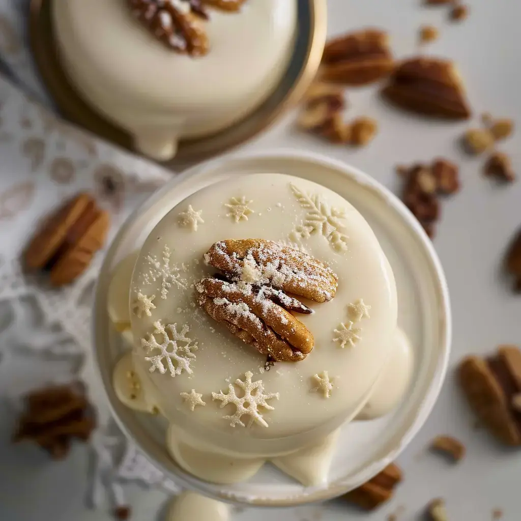 Un dessert élégant enrobé de chocolat blanc, décoré de noix de pécan et de motifs enneigés, se trouve sur un plat.