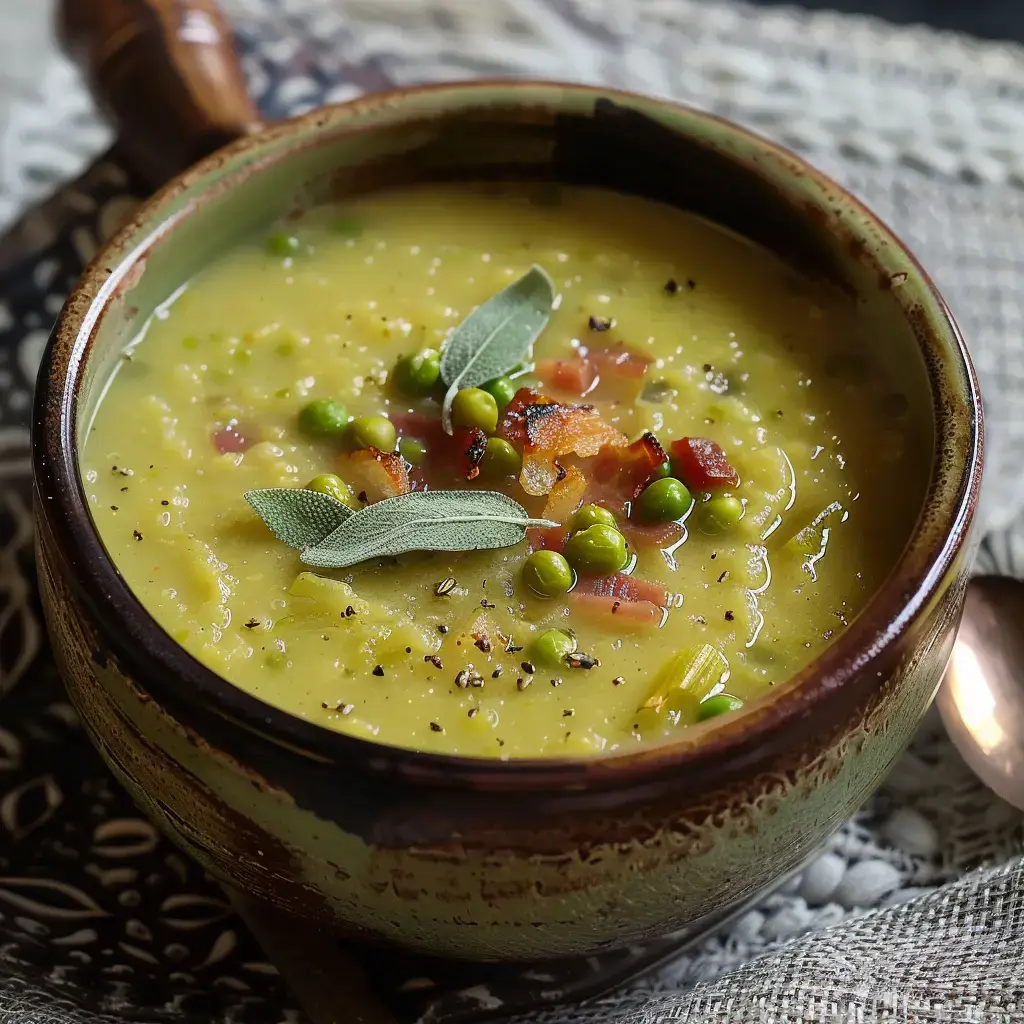 Un bol de soupe crémeuse aux pois, garnie de petits pois, de morceaux de bacon et de feuilles de sauge.