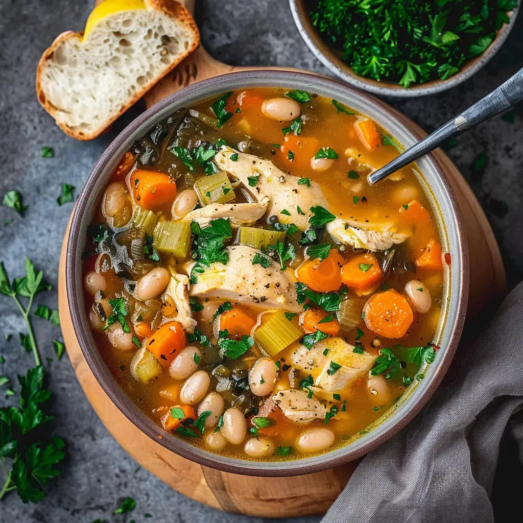 Une soupe réconfortante avec du poulet, des légumes colorés et des haricots blancs, servie dans un bol en terre cuite.