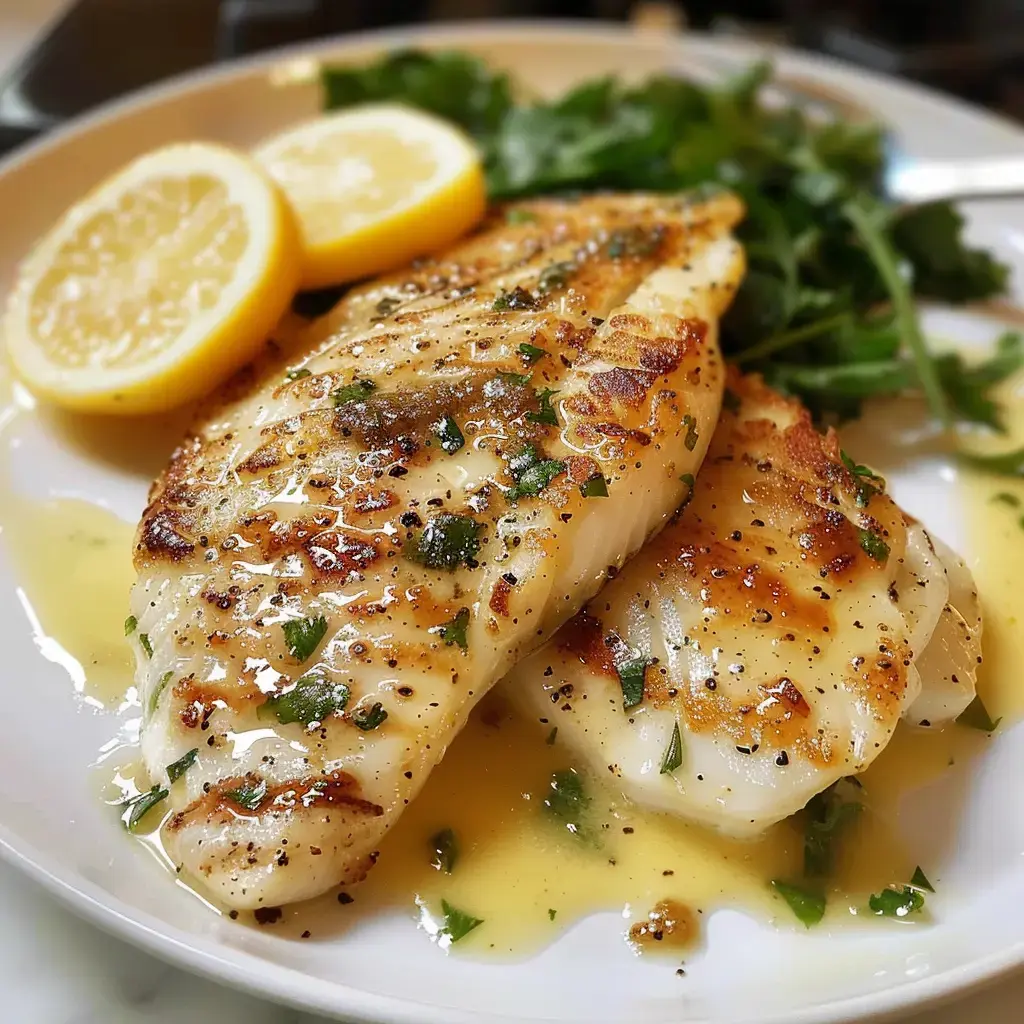 Deux filets de poisson grillés, garnis de sauce et accompagnés de tranches de citron et de salade.