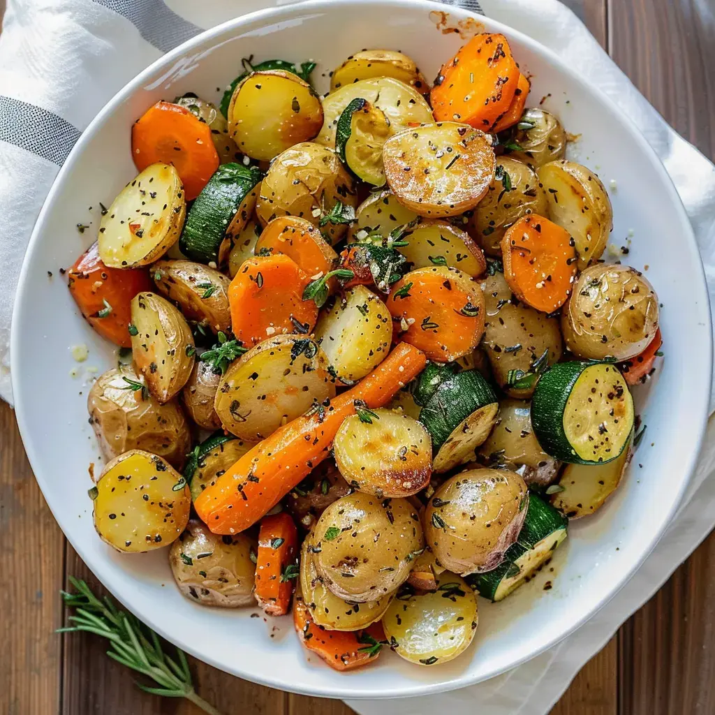 Des légumes rôtis colorés, comprenant des pommes de terre, des carottes et des courgettes, assaisonnés d'herbes et d'épices, sont présentés dans un grand bol blanc.