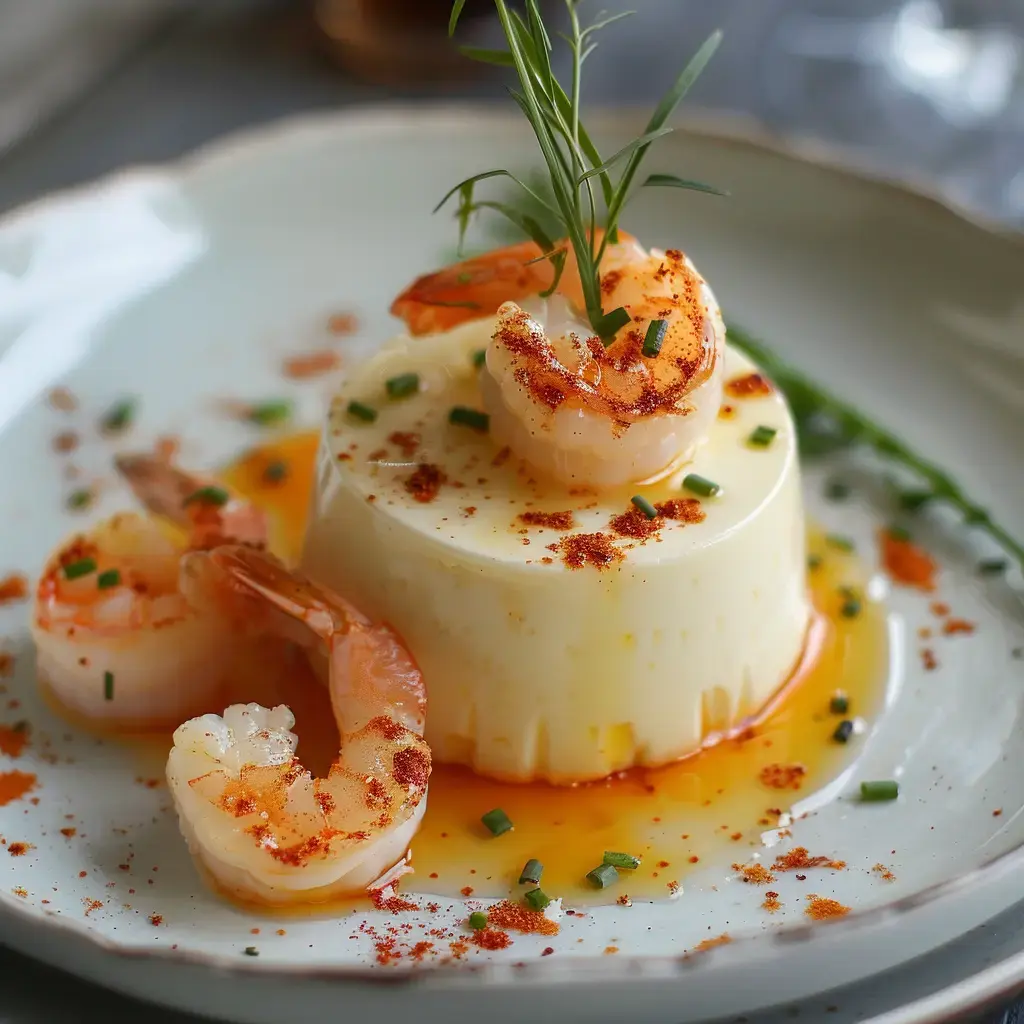 Un dessert crémeux garni de crevettes et accompagné d'une sauce colorée, agrémenté d'herbes et d'épices.