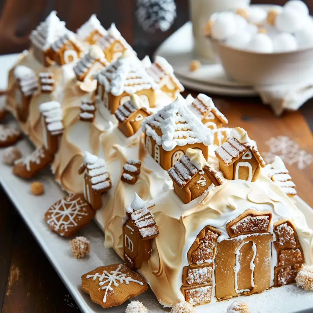 Gâteau en forme de village en pain d'épice décoré de crème et de sucre glace, présenté sur un plat.