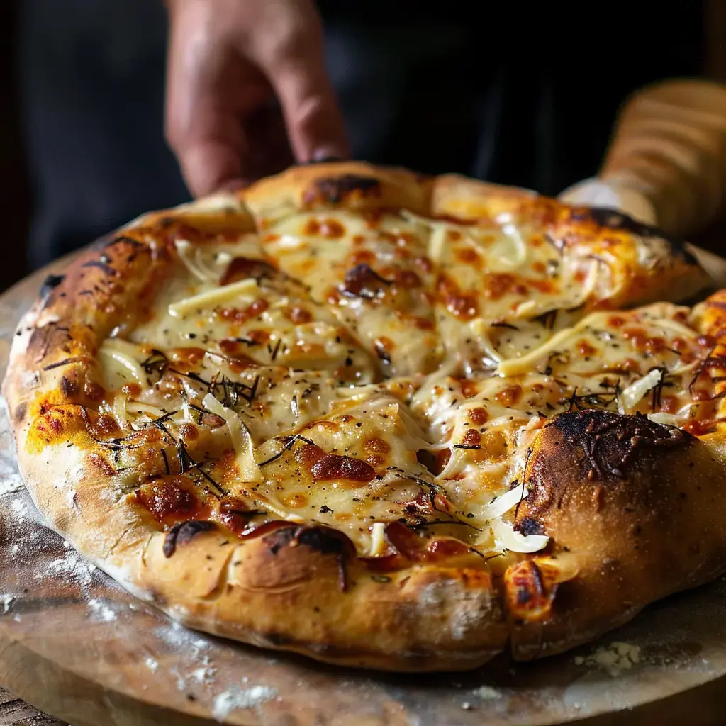 Une pizza fraîchement cuite, garnie de fromage fondu et de tranches de viande, est présentée sur une planche en bois.