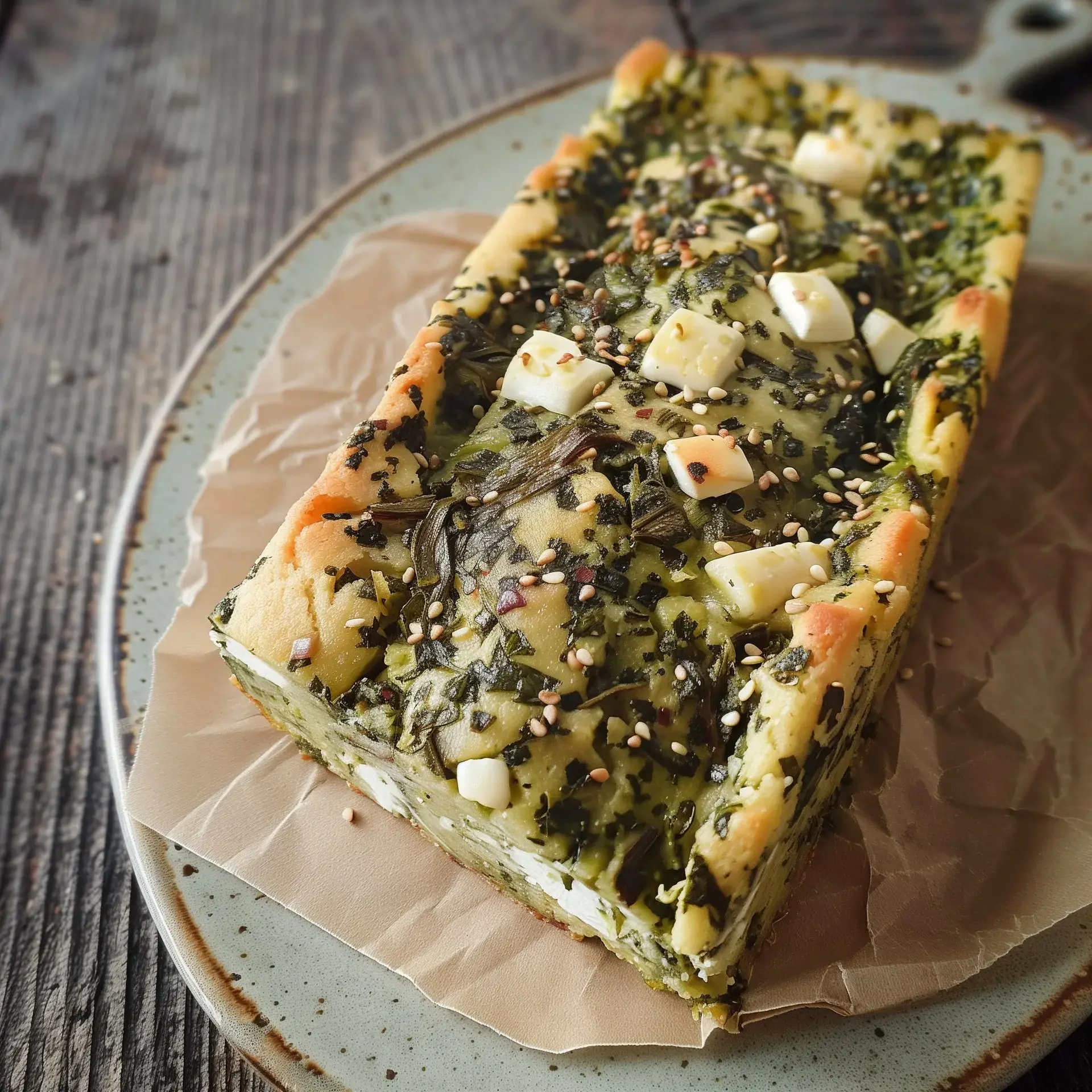 Un plat rectangulaire de légumes verts, parsemé de petits morceaux de fromage et de graines, présenté sur une assiette.