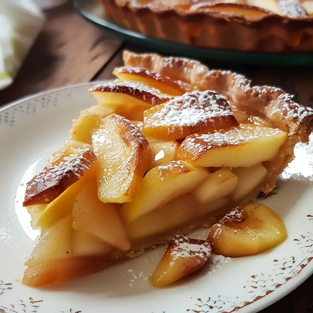 Une part de tarte aux pommes garnie de tranches de pommes et saupoudrée de sucre glace, présentée sur une assiette.