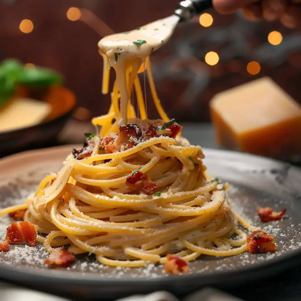 Pâtes au fromage crémeux garnies de morceaux de bacon, servies dans une assiette avec une fourchette à côté.