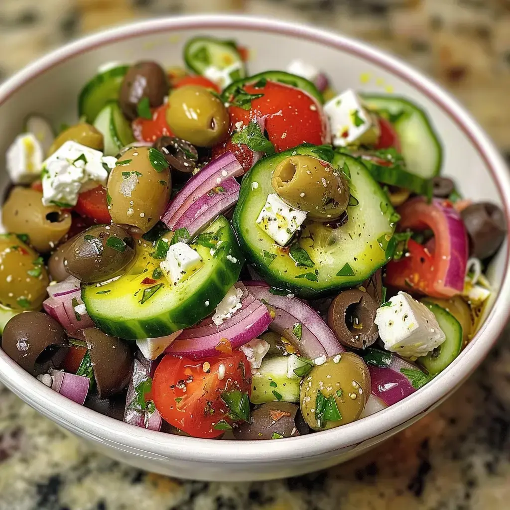 Une salade colorée composée de concombre, tomates, olives, oignons rouges et feta, assaisonnée d'herbes et d'huile d'olive.