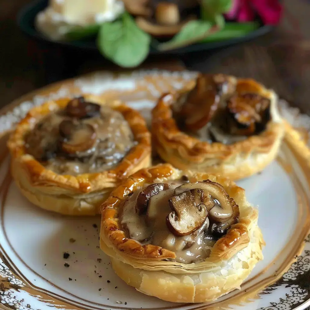 Trois tartelettes feuilletées garnies de champignons et de sauce crémeuse, présentées sur une assiette décorative.