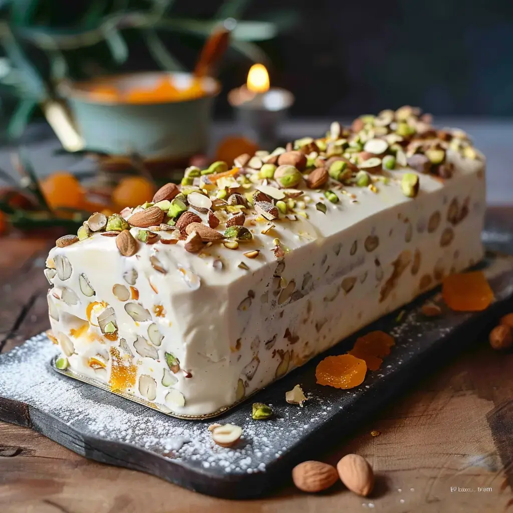 Un gâteau glacé aux fruits et aux noix, décoré d'amandes et de pistaches, est présenté sur une planche en bois.