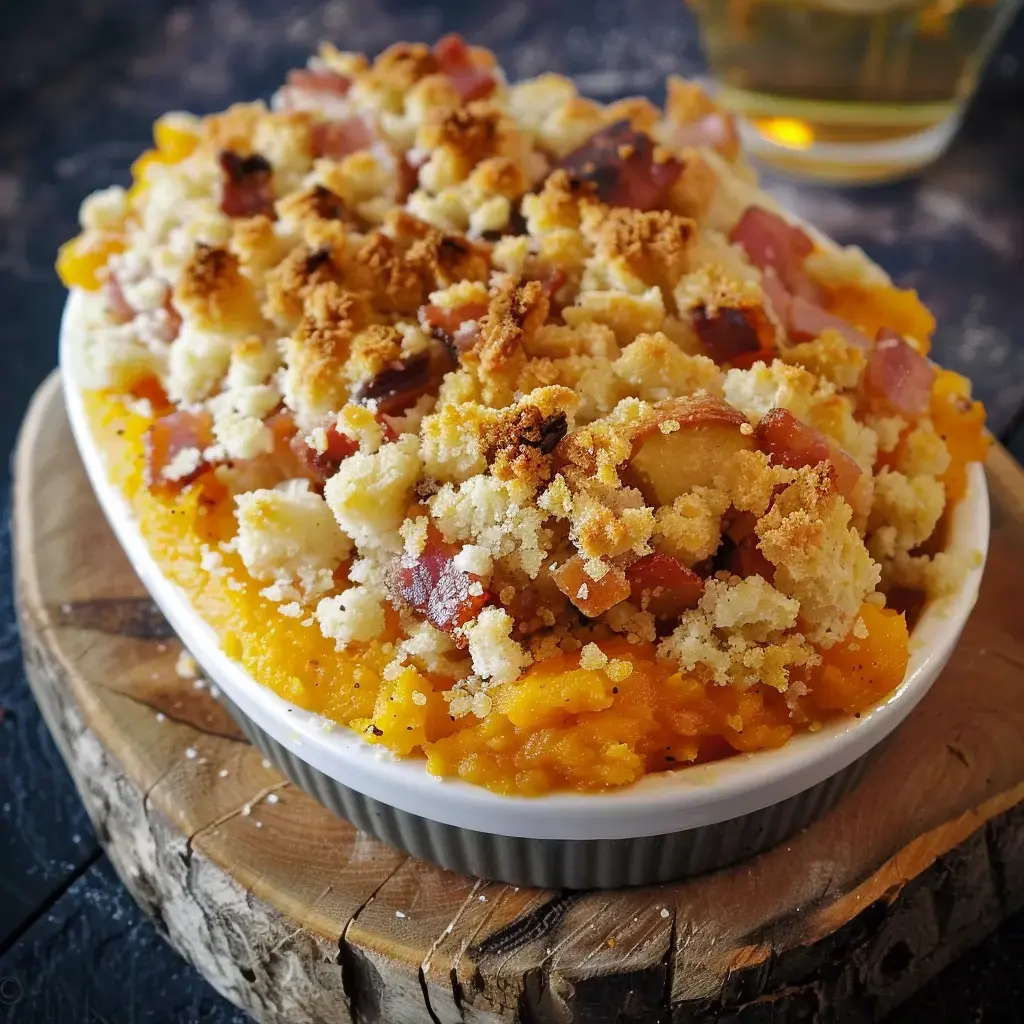 Un plat de gratin de courge, garni de morceaux de bacon et d'une croûte dorée, servi dans un plat blanc sur une planche en bois.