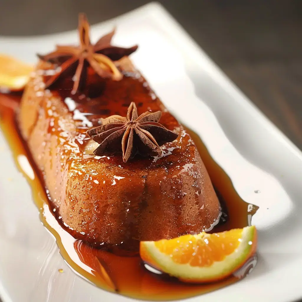 Un dessert en forme de pain napé de caramel, décoré d'anis étoilé et accompagné d'une tranche d'orange.