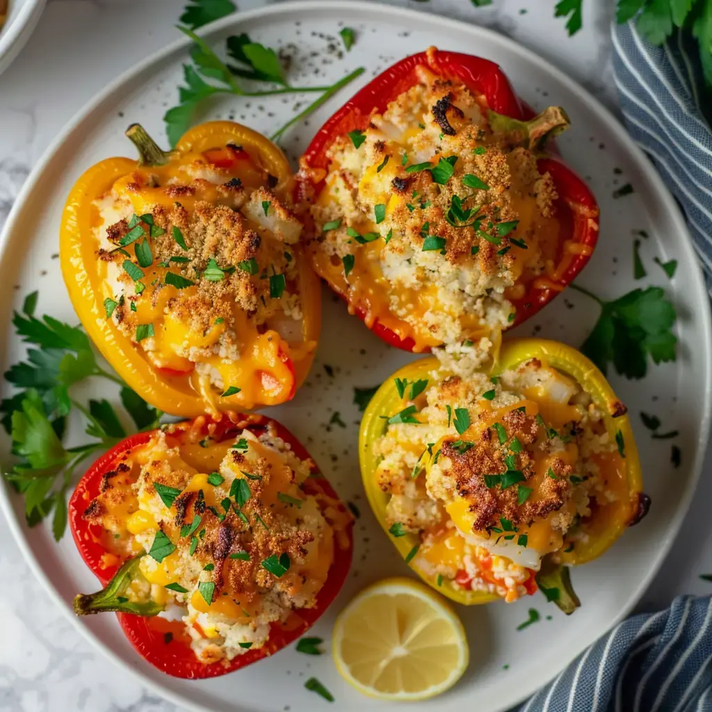 Des poivrons farcis dorés au fromage, garnis de persil frais, sont disposés sur une assiette blanche avec une tranche de citron à côté.