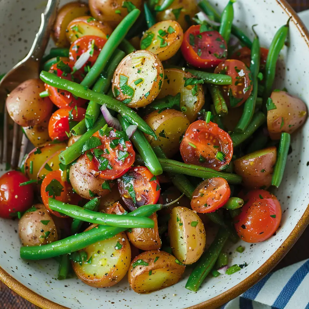 Salade de pommes de terre nouvelles, tomates cerises et haricots verts garnie de persil frais et d'oignons rouges.