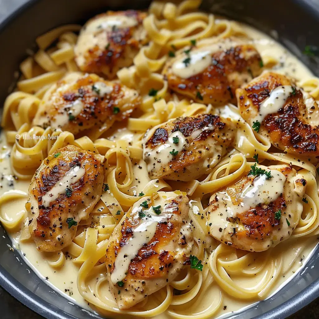 Un plat de pâtes garnies de poulet grillé et d'une sauce crémeuse, décoré de persil frais.