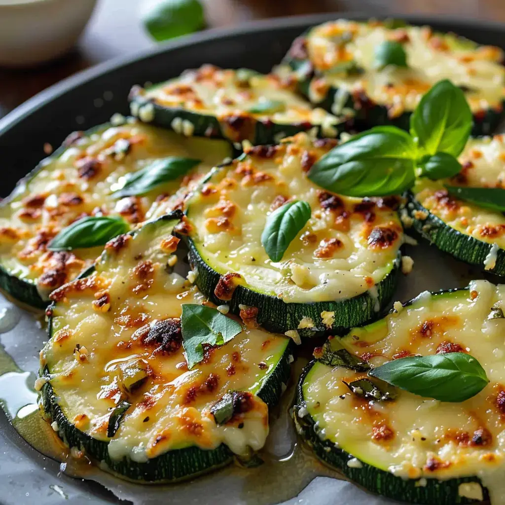 Des tranches de courgette gratinées au fromage, garnies de basilic frais, servies sur une assiette.