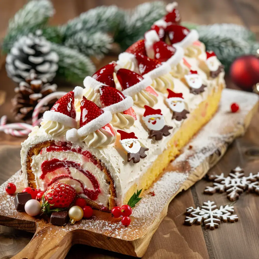 Une bûche de Noël décorée de fraises, de crème chantilly et de motifs festifs, posée sur une planche en bois avec des éléments décoratifs.