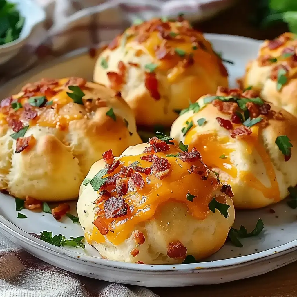 Des petits pains chauds garnis de fromage cheddar, de morceaux de bacon et de persil frais, disposés sur une assiette.