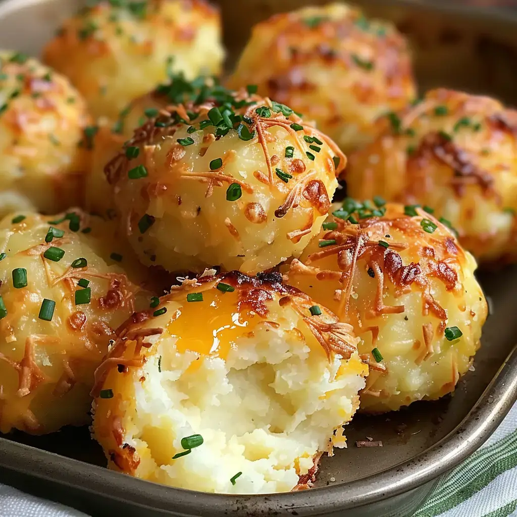 Des boules de pommes de terre dorées, garnies de fromage et parsemées de ciboulette, présentées dans un plat.