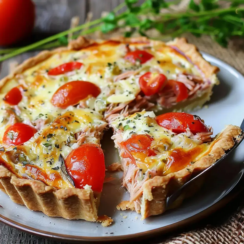 Une quiche aux tomates cerises et au thon, avec une croûte dorée, est présentée sur une assiette.