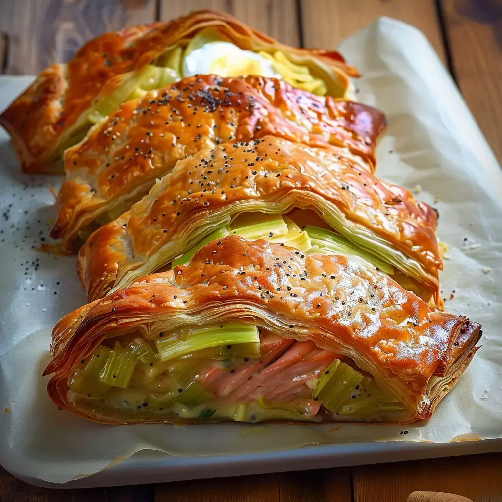 Quatre feuilletés dorés garnis de poireaux et de jambon, présentés sur un plat.