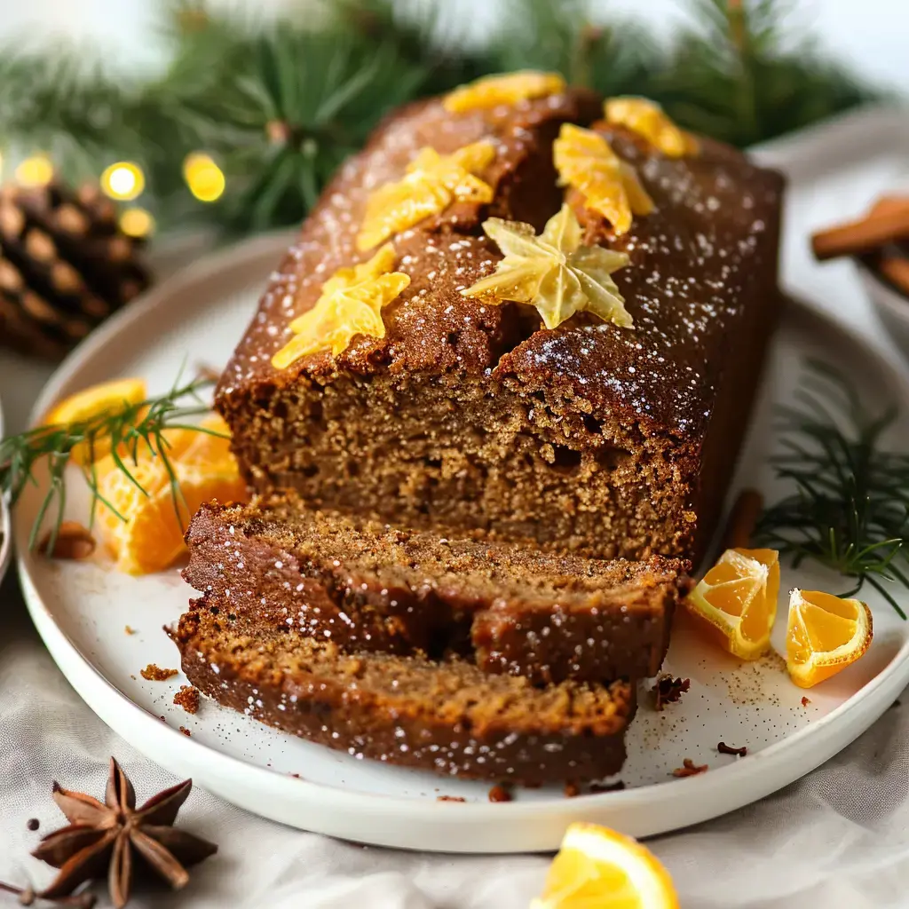 Un gâteau épicé décoré de rondelles d'orange et d'étoiles, tranché et servi sur une assiette avec des éléments de décoration festive.