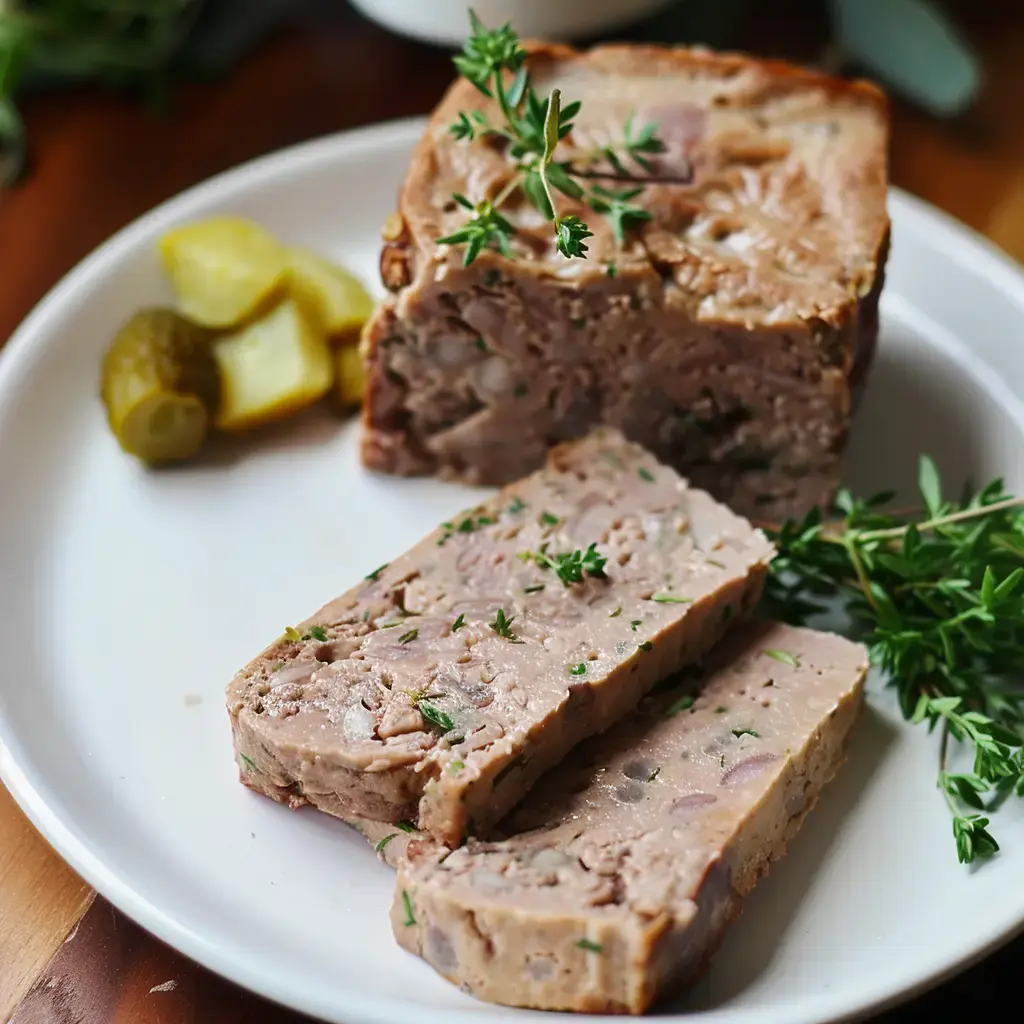 Une terrine de viande garnie de thym, accompagnée de cornichons sur une assiette.