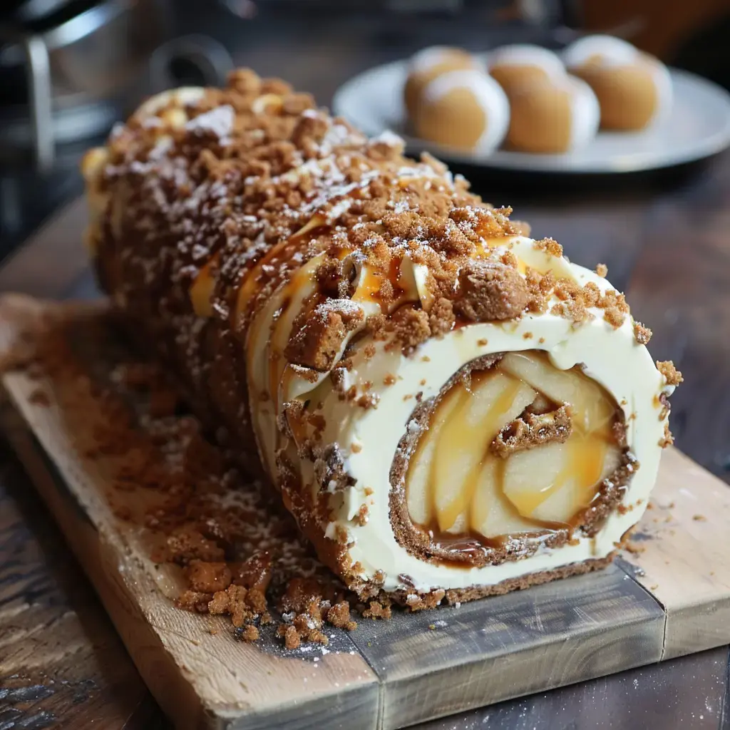 Une bûche pâtissière aux morceaux de pomme, garnie de crème et de miettes de biscuits, présentée sur une planche en bois.